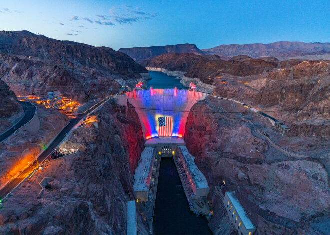 Enormous American flag draped over Hoover Dam as Lake Mead endures severe drought