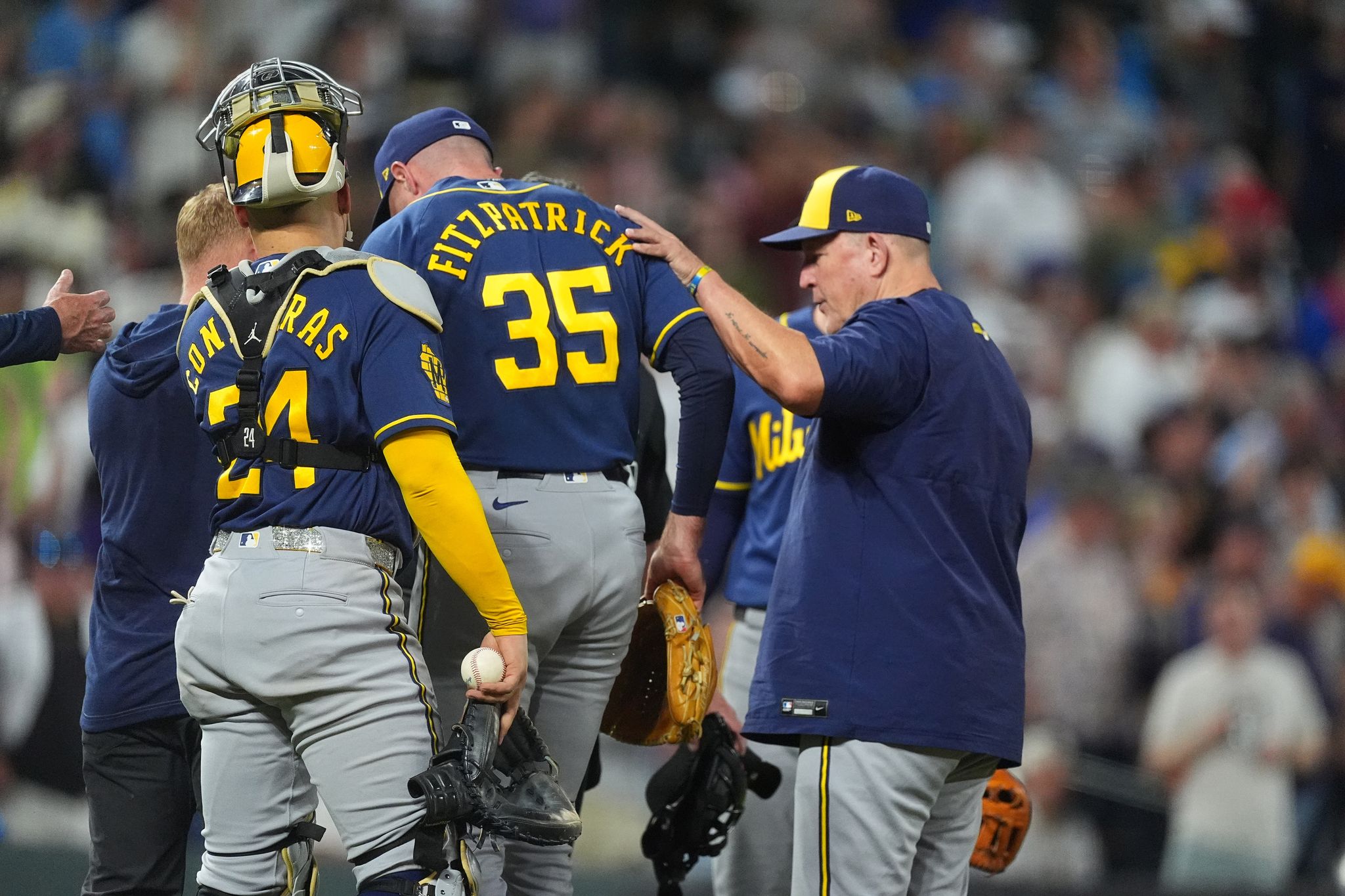Brewers’ Brian Fitzpatrick gets injured on warmup pitch in first appearance after promotion