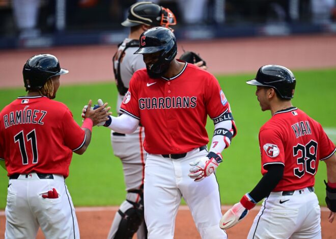 Jo Adell erupts for a career-high 6 RBIs, 455-foot homer as the Guardians crush the Giants 8-1