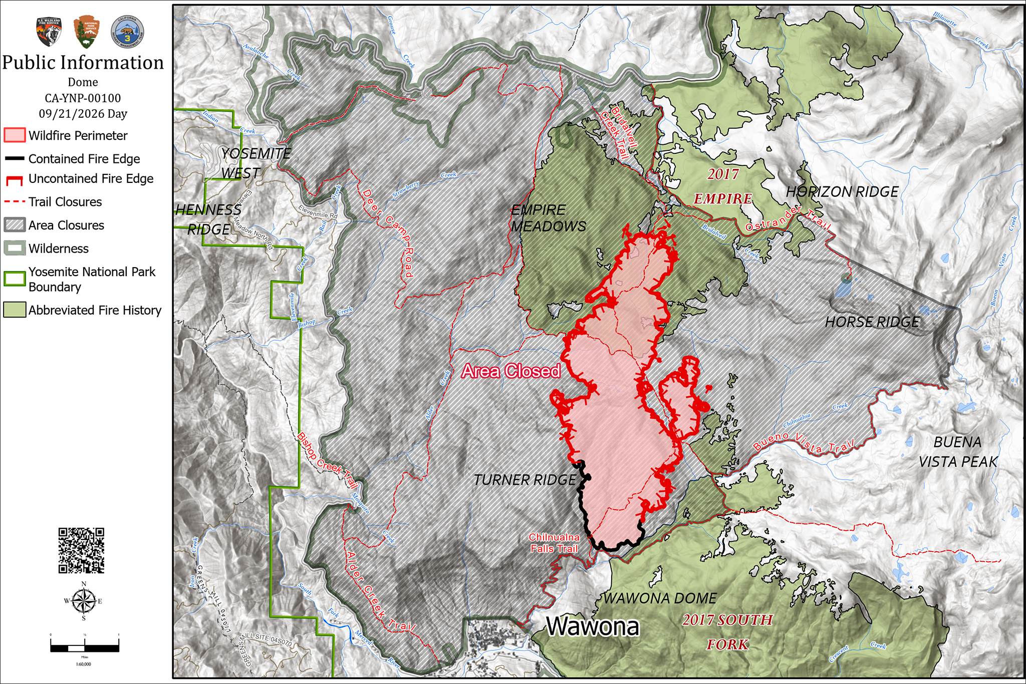 Map shows widespread closure area in Yosemite National Park due to Dome Fire